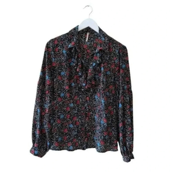 Free People Ruffle Floral Poet High Neck Button Front Ballon Sleeves SZ S #2008 - Picture 1 of 13